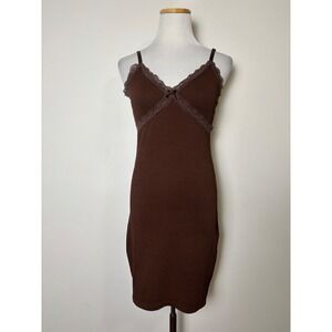 H&M Divided Y2K Brown Ribbed Knit Babydoll Slip Dress S BodyCon Indie Grunge